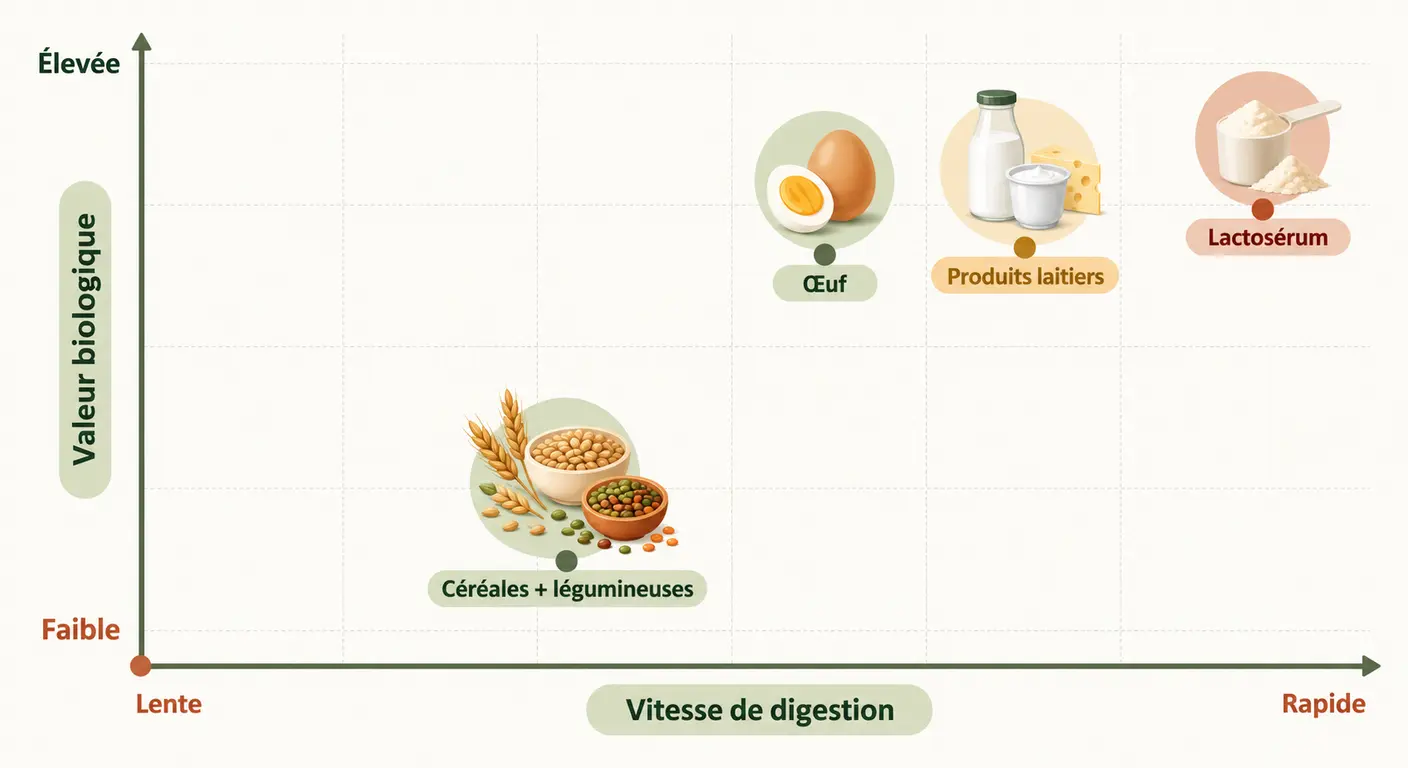 Infographie situant les sources de protéines selon leur valeur biologique et leur vitesse de digestion