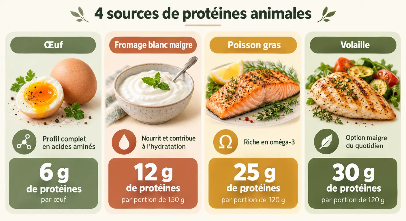 Infographie des quatre sources animales de protéines et de leur atout nutritionnel
