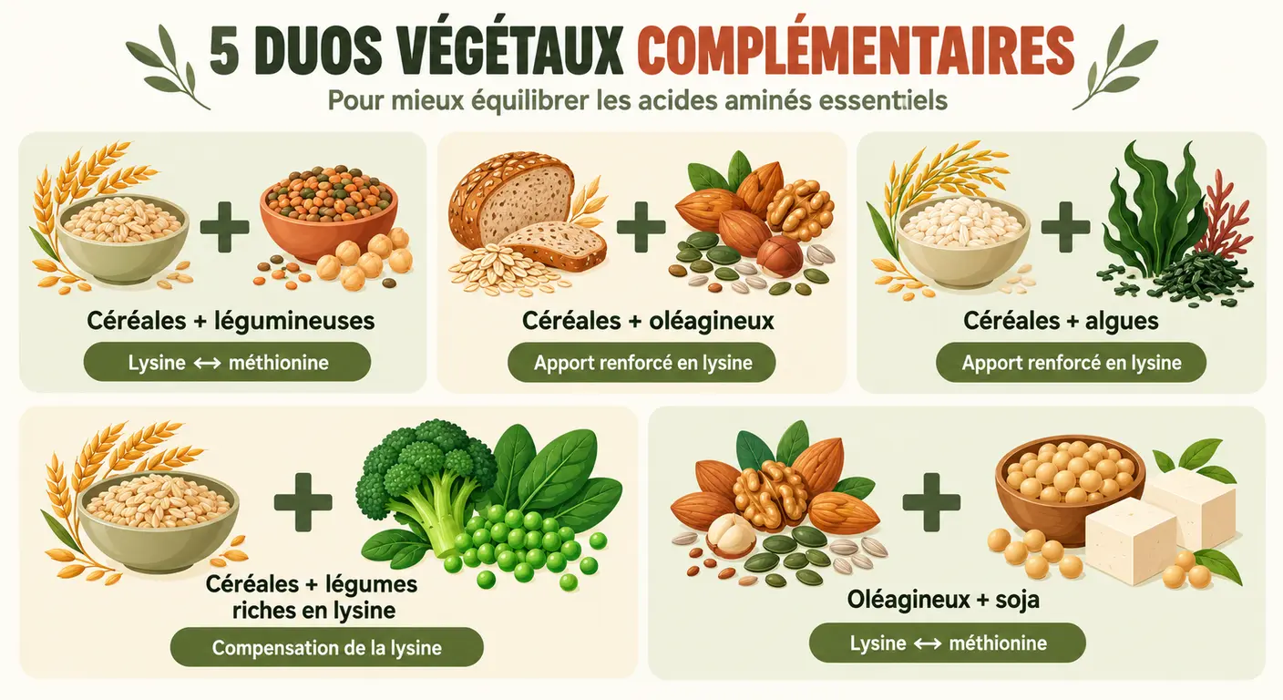 Infographie des cinq associations de sources végétales apportant un profil complet en acides aminés