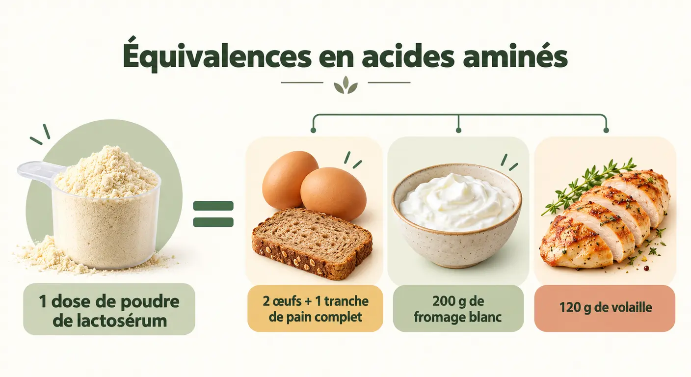 Infographie des équivalents alimentaires d'une dose de poudre de lactosérum