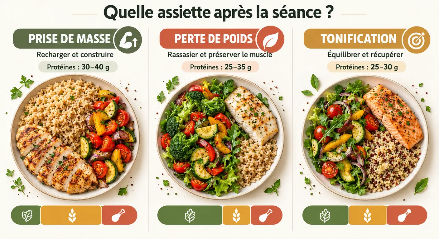 Infographie comparant trois assiettes après entraînement selon l'objectif de prise de masse, de perte de poids ou de tonification
