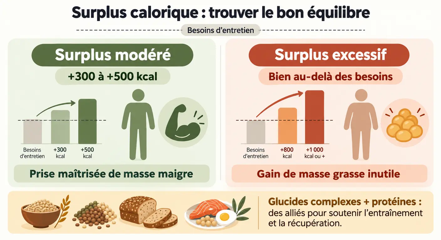 Infographie comparant un surplus calorique modéré et un surplus excessif en prise de masse