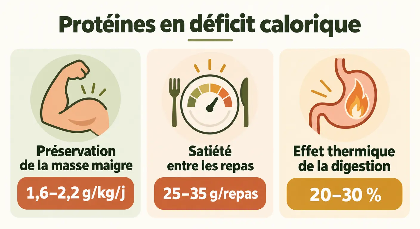 Infographie des trois rôles de la ration protéique pendant une période de déficit calorique