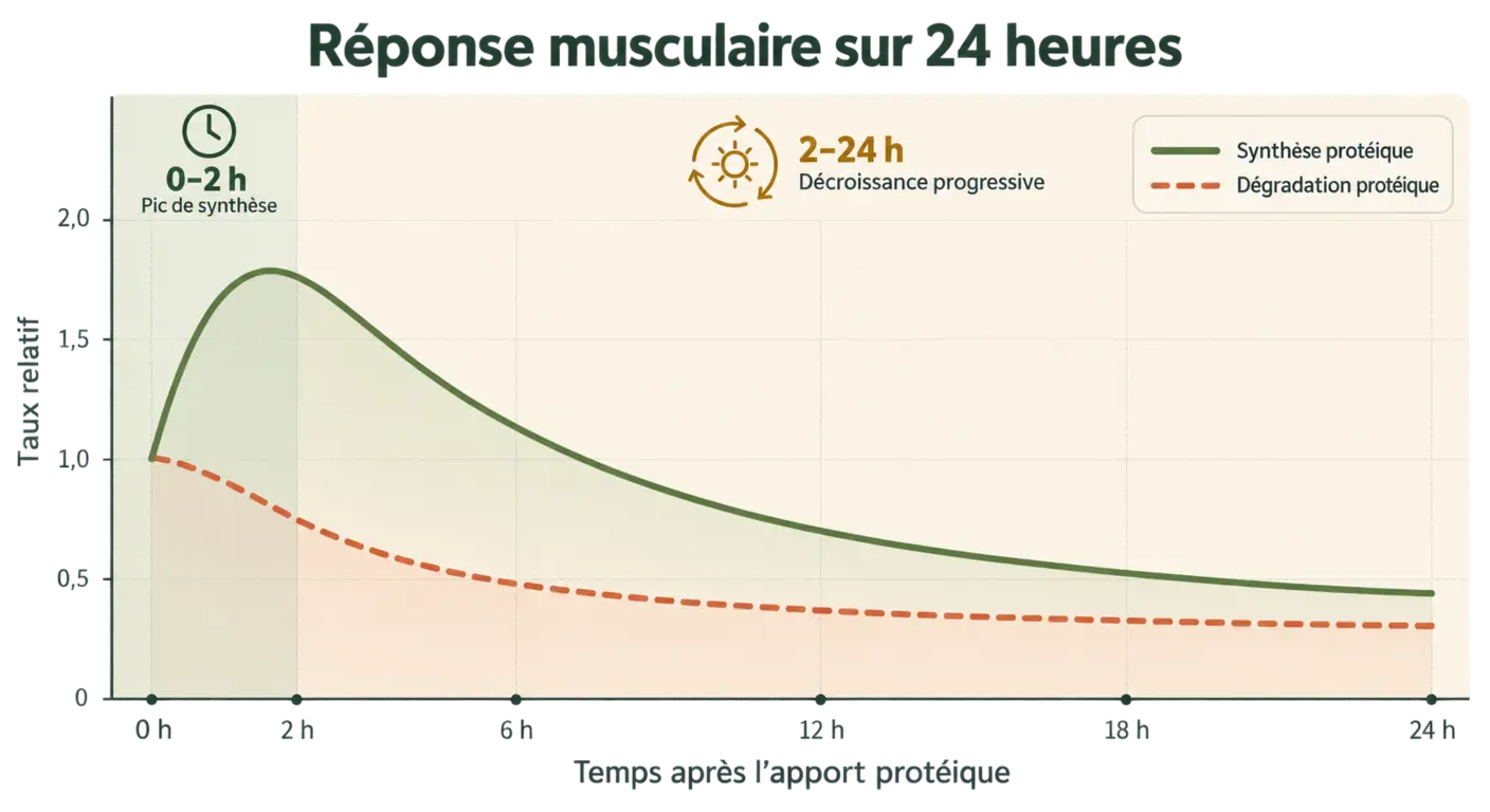 Infographie de la courbe de reconstruction musculaire sur vingt-quatre heures