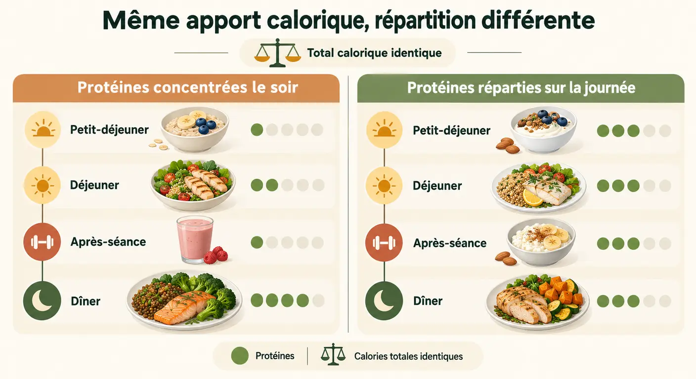 Infographie comparant deux répartitions de l'apport protéique à total calorique identique