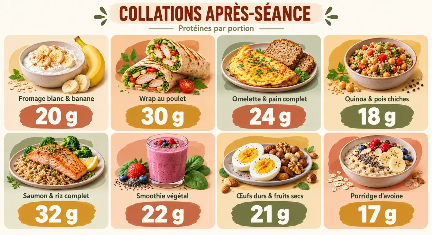 Infographie de huit collations protéinées après entraînement avec leur teneur en protéines