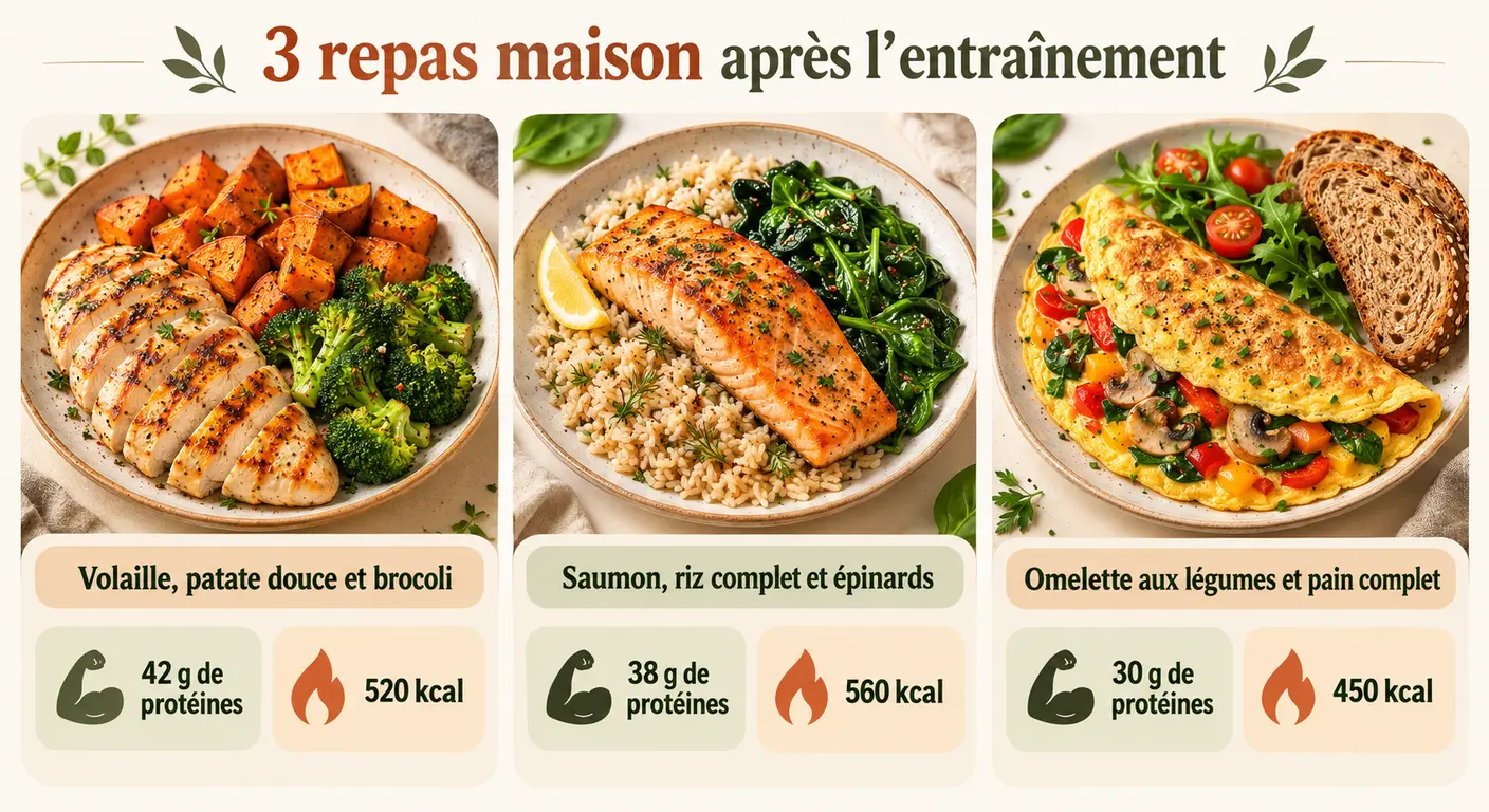 Infographie de trois repas complets à préparer à la maison après la séance