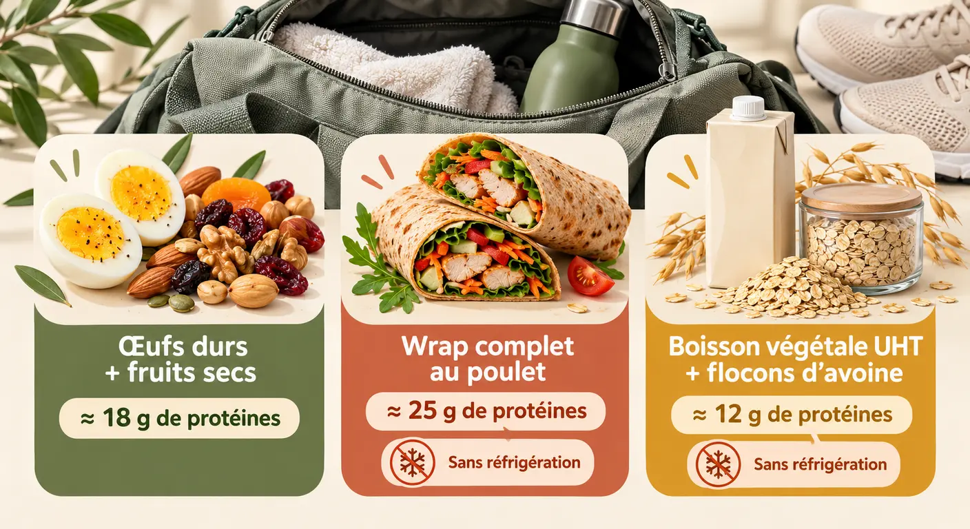 Infographie de trois collations protéinées nomades dont deux sans réfrigérateur