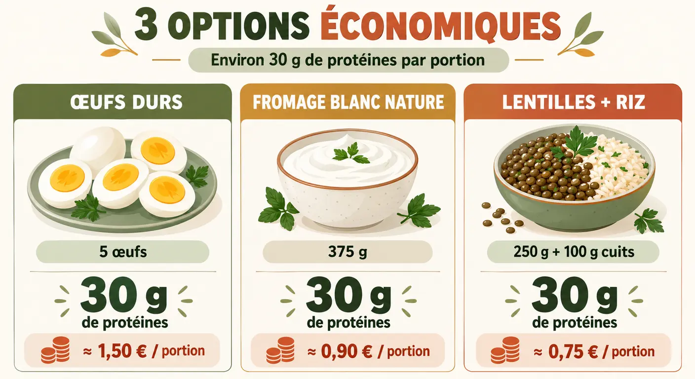 Infographie de trois options économiques apportant trente grammes de protéines après le sport