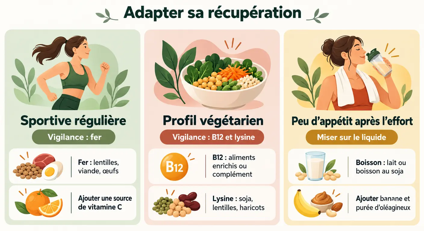 Infographie des points de vigilance nutritionnels pour trois profils de sportifs