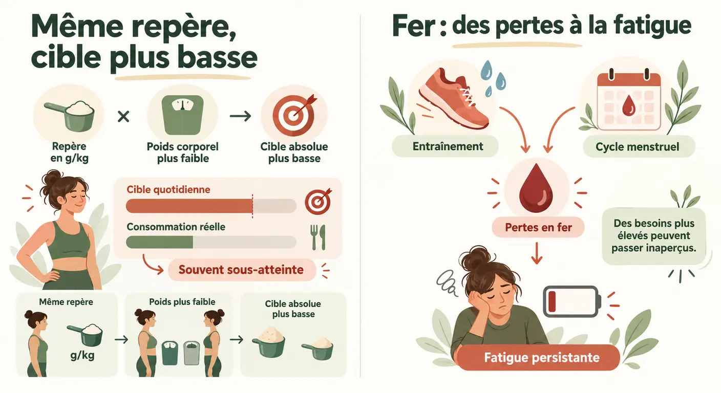 Infographie des repères protéiques et du point de vigilance fer chez la sportive