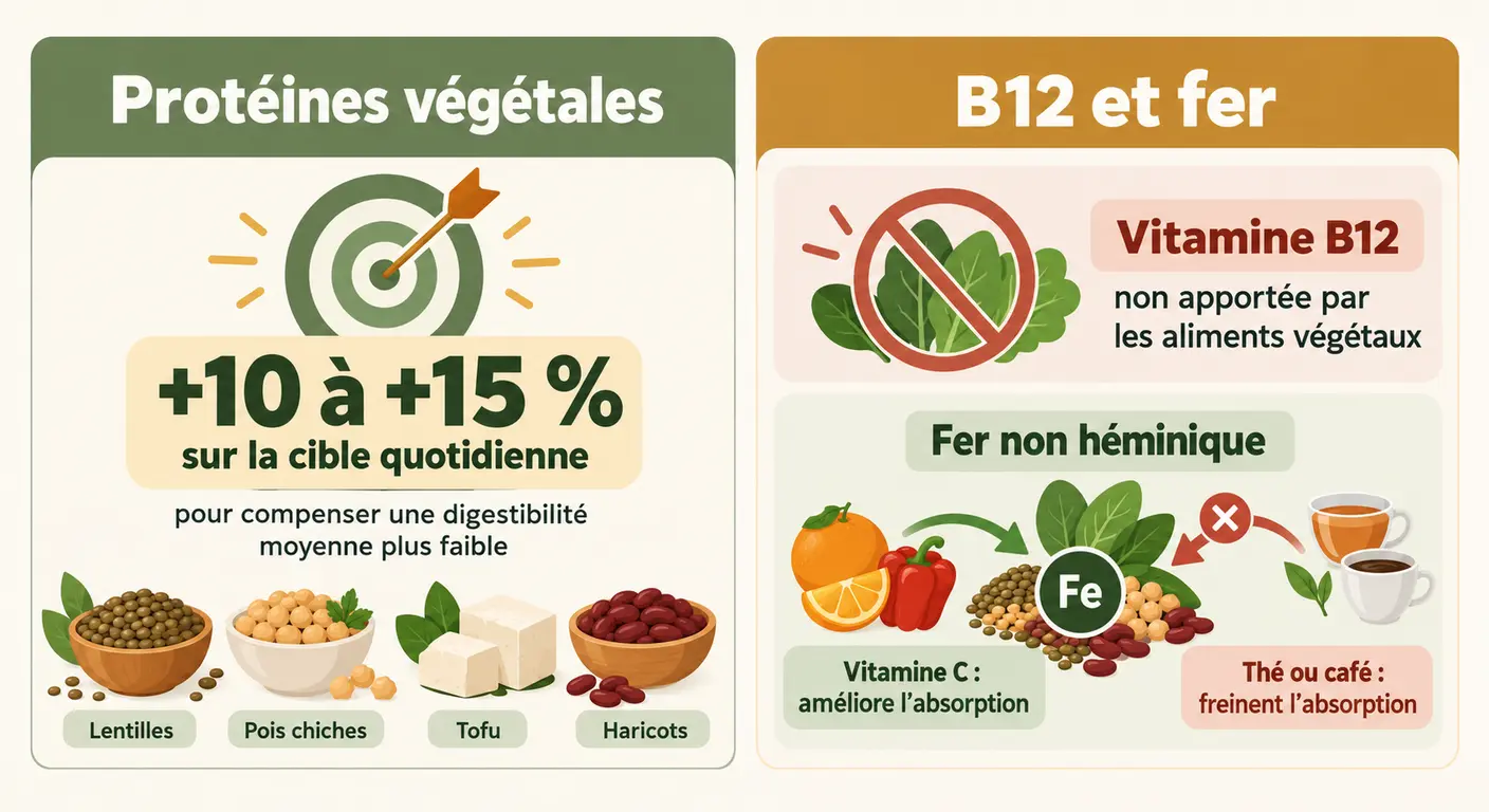 Infographie de la majoration de la ration protéique et des points de vigilance B12 et fer en alimentation végétale