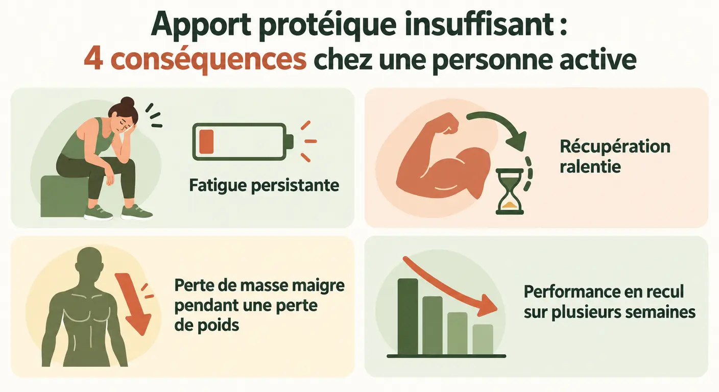 Infographie des quatre conséquences d'un apport protéique insuffisant chez le sportif