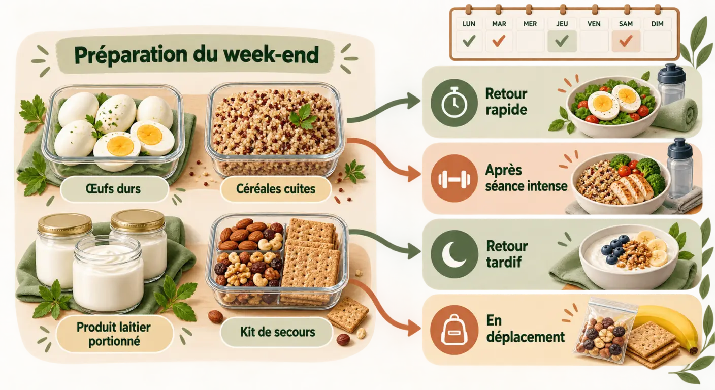 Infographie d'une session de préparation en avance couvrant les retours de séance de la semaine
