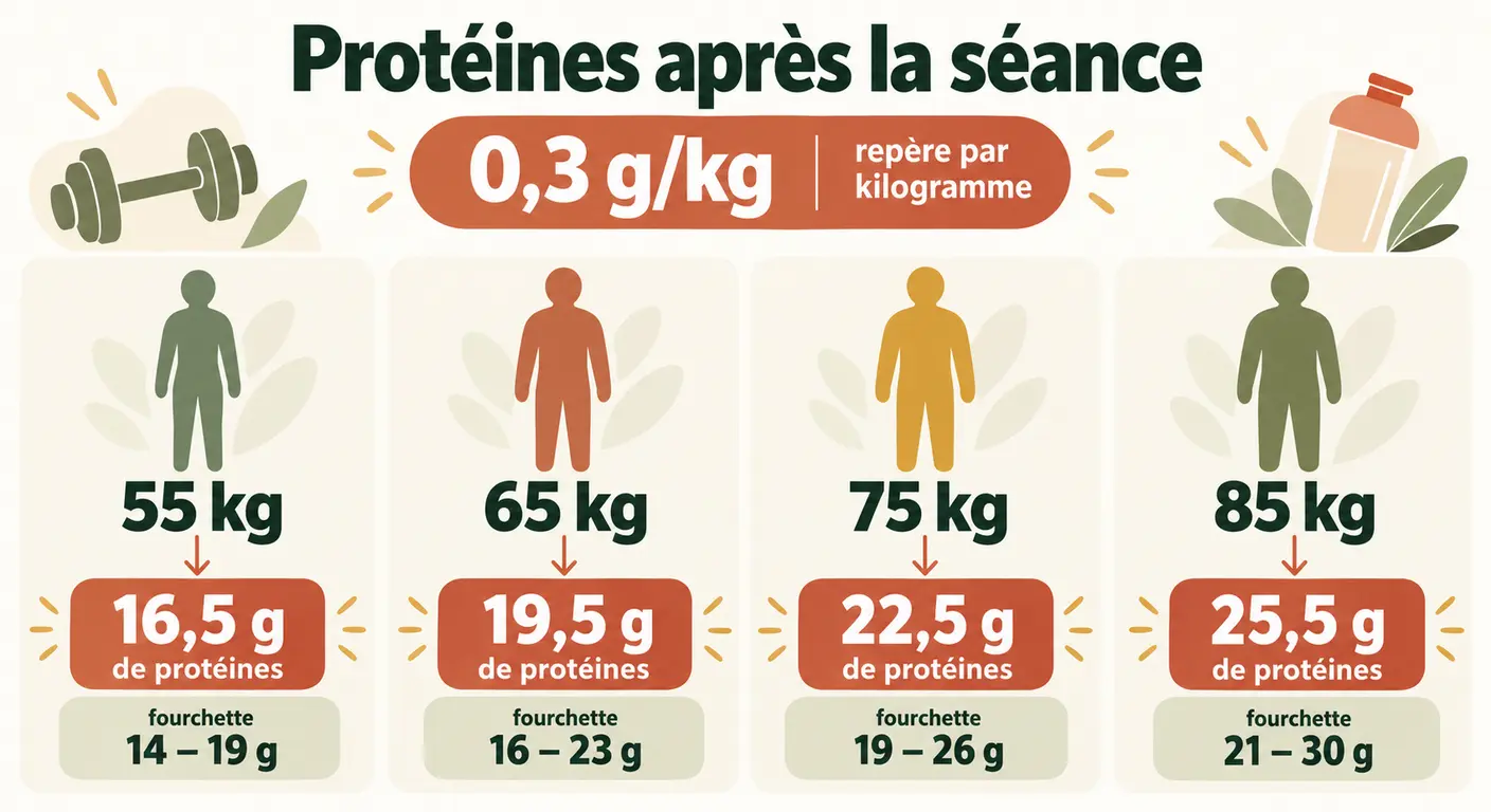 Infographie des quantités de protéines à consommer après la séance selon le poids corporel