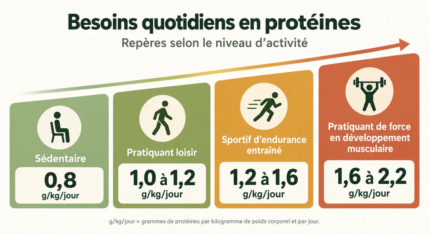 Infographie des besoins quotidiens en protéines selon le niveau de pratique sportive