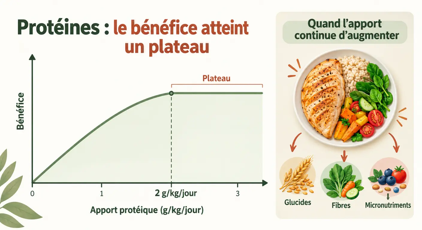 Infographie montrant le plateau de bénéfice au-delà de deux grammes de protéines par kilo