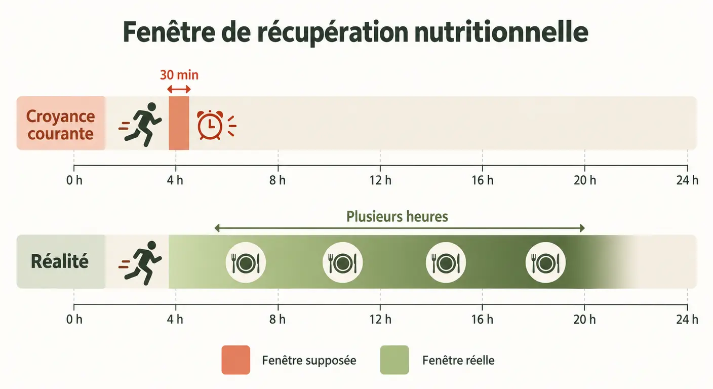 Infographie comparant la croyance des trente minutes et la réalité de la fenêtre de récupération protéique
