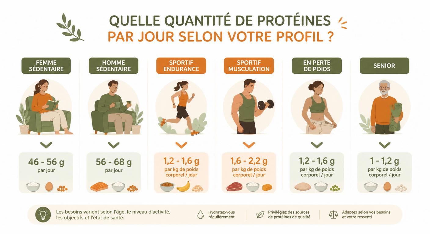 Infographie des besoins quotidiens en protéines selon six profils types