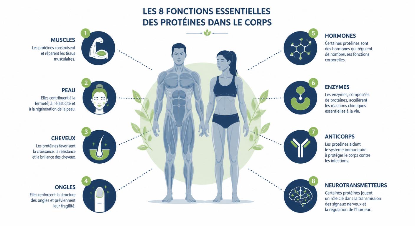 Infographie des huit rôles biologiques des protéines dans le corps humain