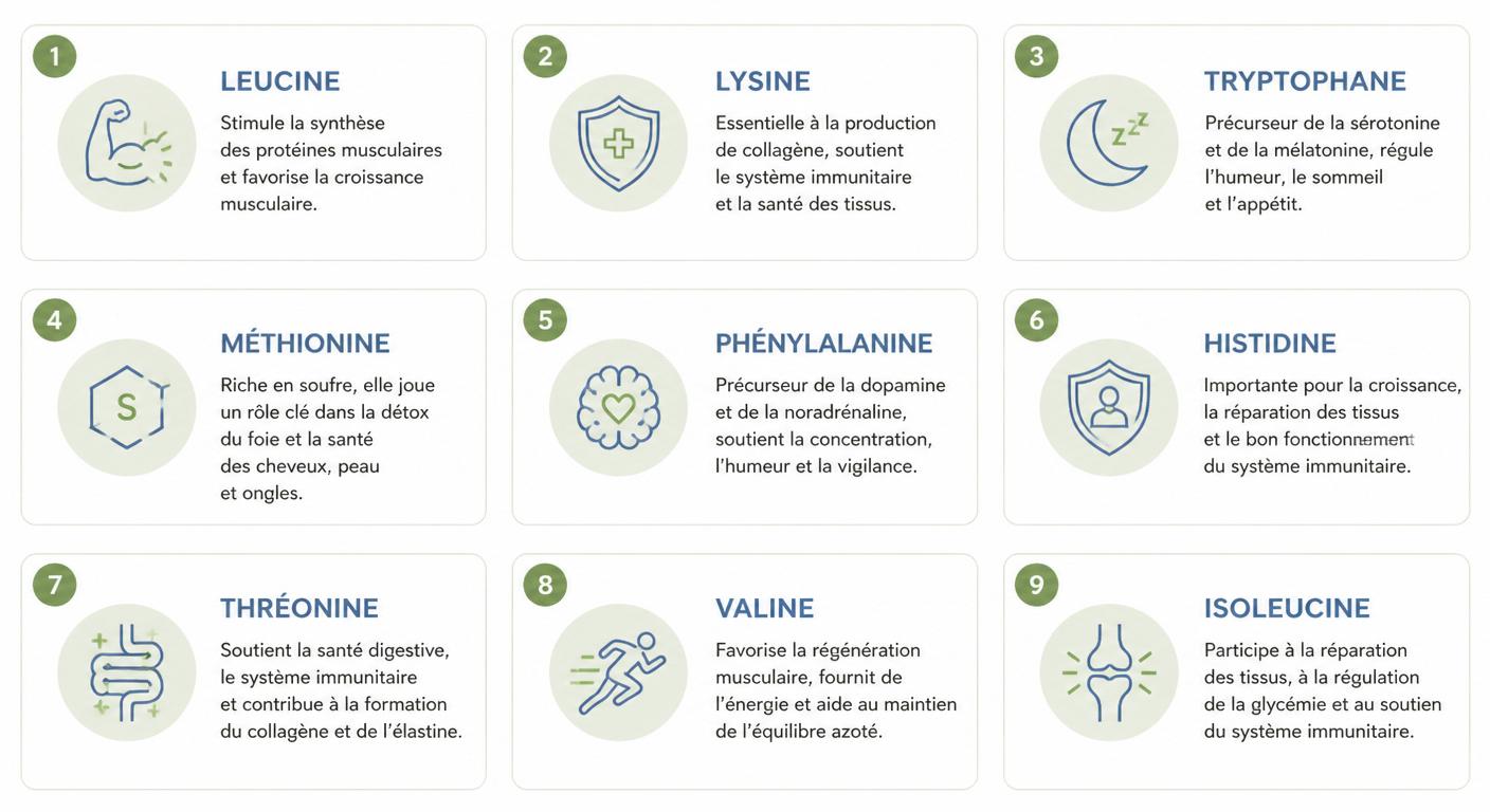 Infographie des neuf acides aminés essentiels et de leurs rôles dans l'organisme