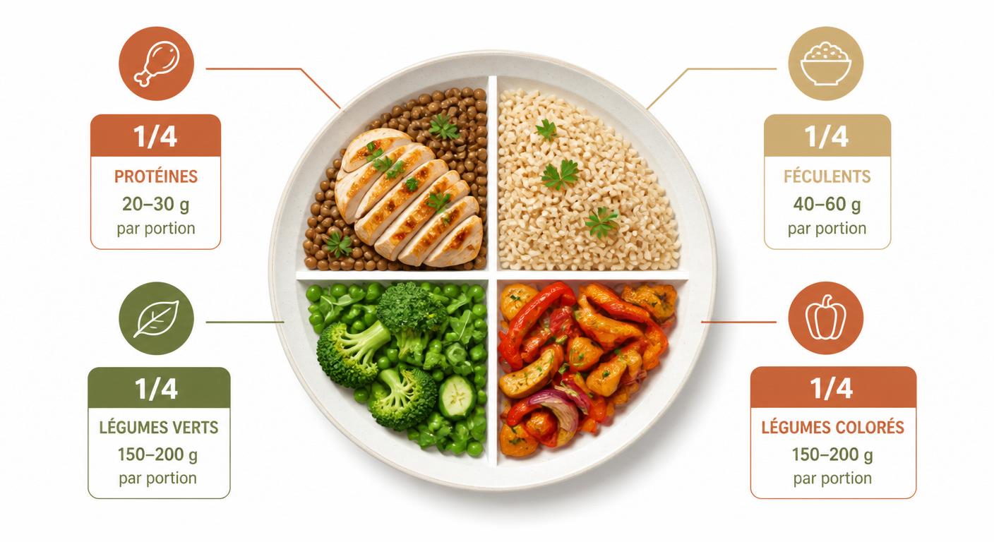 Infographie de l'assiette équilibrée avec un quart de protéines