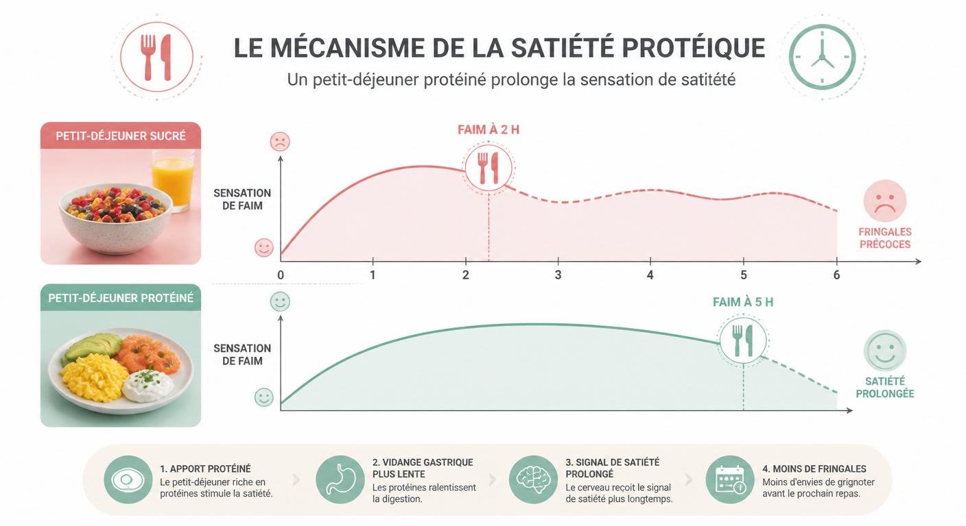 Infographie comparant la satiété d'un petit-déjeuner sucré et d'un petit-déjeuner protéiné