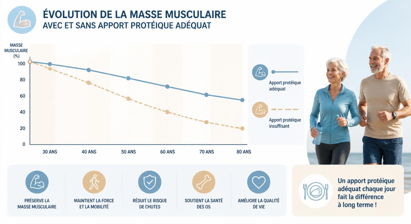 Infographie de l'évolution de la masse musculaire selon l'apport protéique avec l'âge