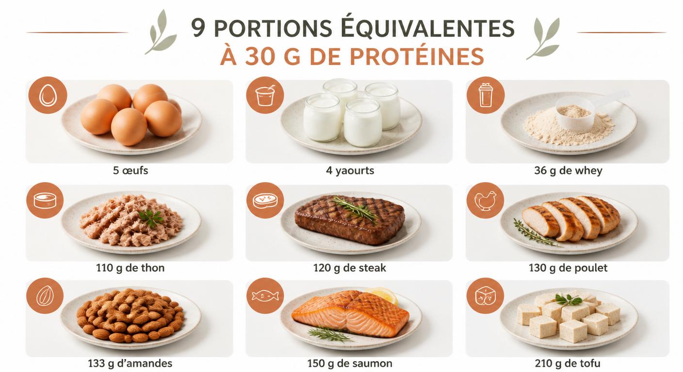 Infographie de neuf équivalences alimentaires pour 30 grammes de protéines