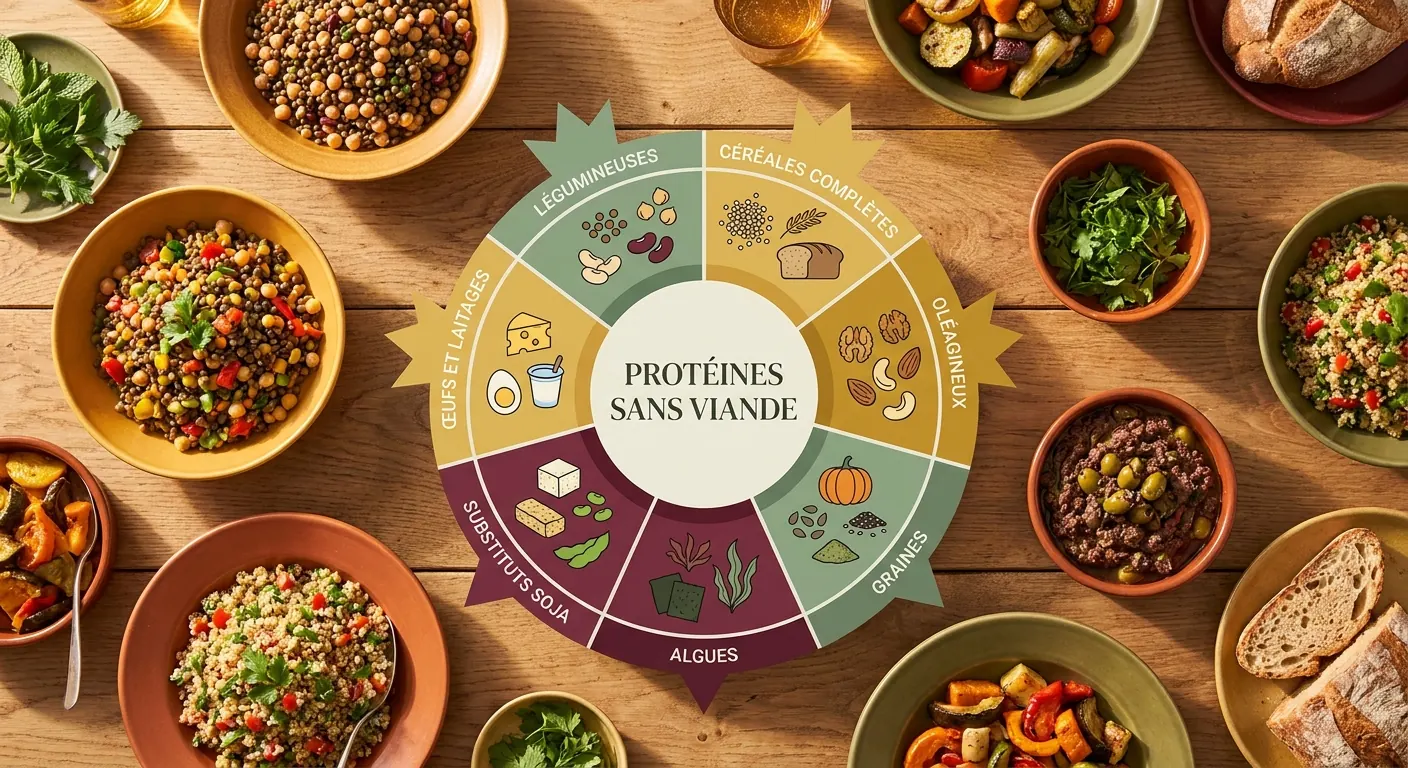 Diagramme circulaire des 7 familles d'aliments protéinés sans viande