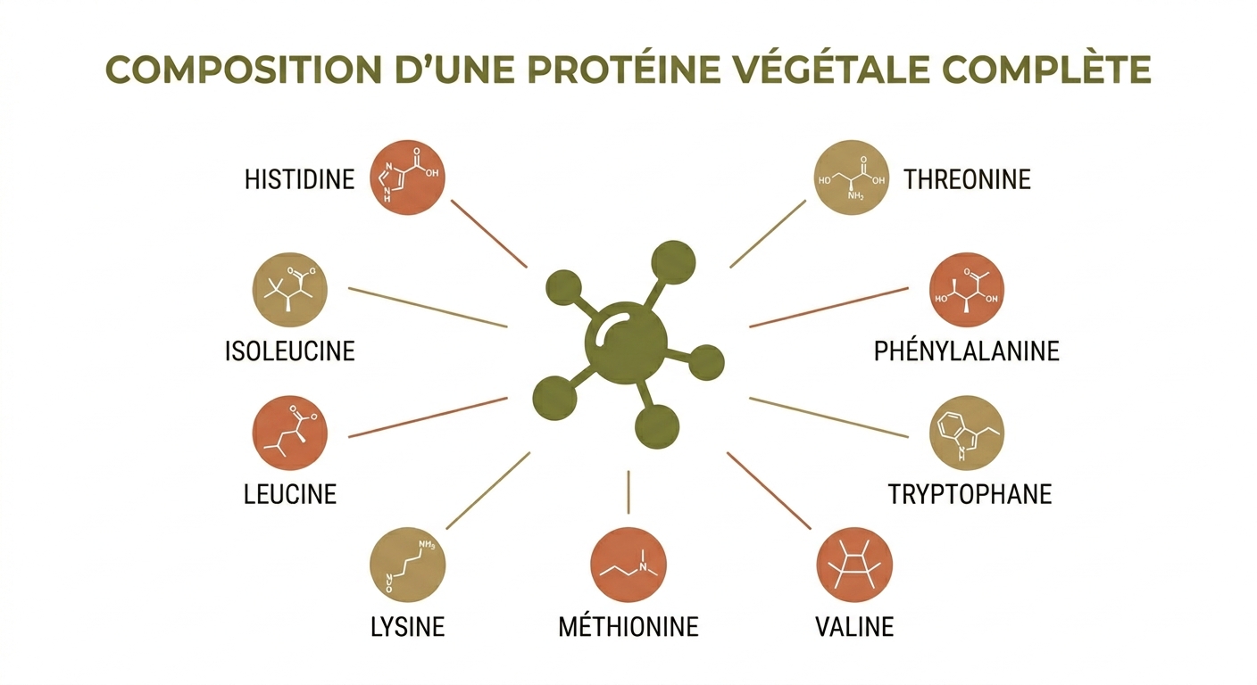 Schéma pédagogique d'une protéine végétale complète et de ses 9 acides aminés essentiels
