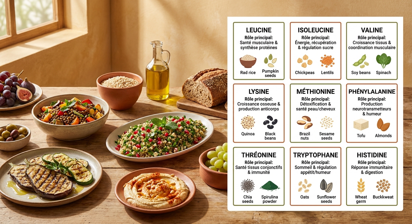 Infographie des 9 acides aminés essentiels et de leurs sources végétales principales