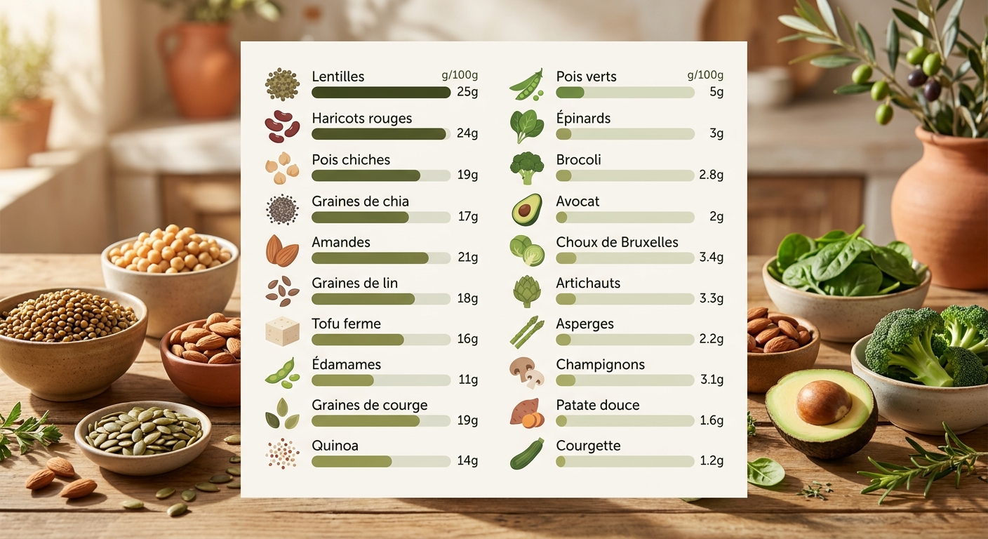 Infographie tableau des protéines végétales pour 100 grammes