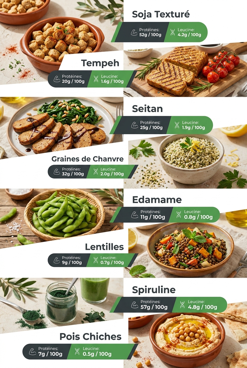 Infographie des meilleures sources végétales pour la prise de muscle et la musculation