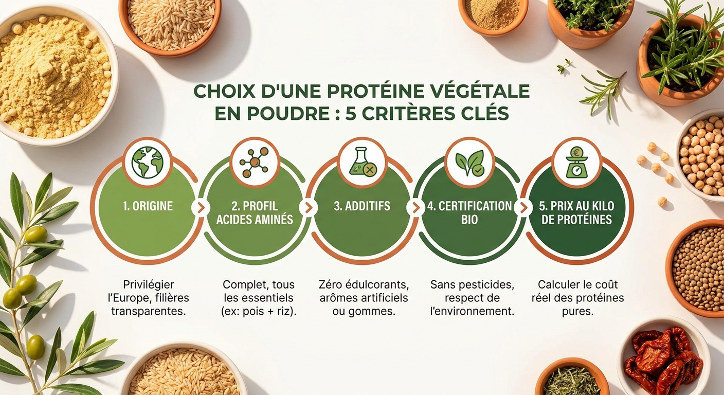 Infographie des 5 critères pour choisir une protéine végétale en poudre