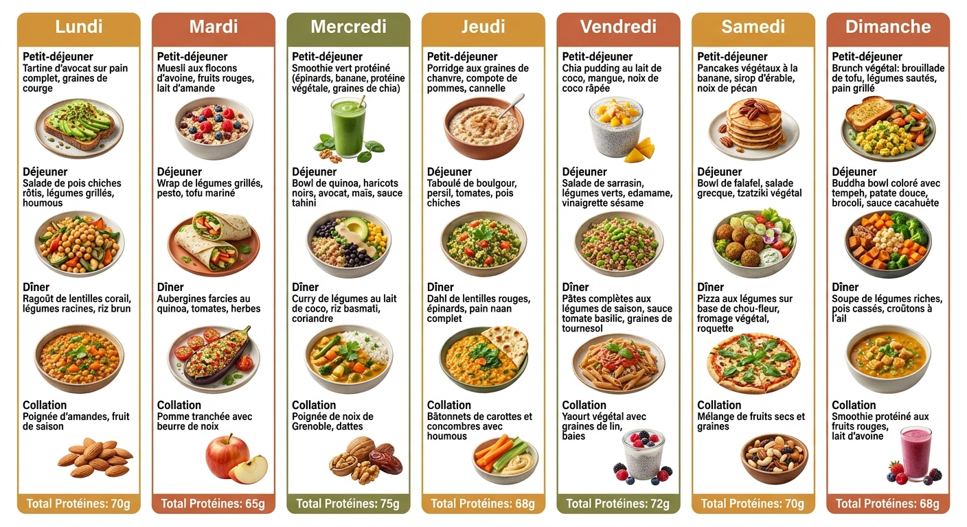 Infographie d'un plan de menus 7 jours riches en protéines végétales complètes