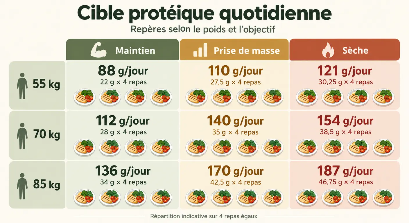 Cible protéique quotidienne et répartition par repas selon le poids et l'objectif