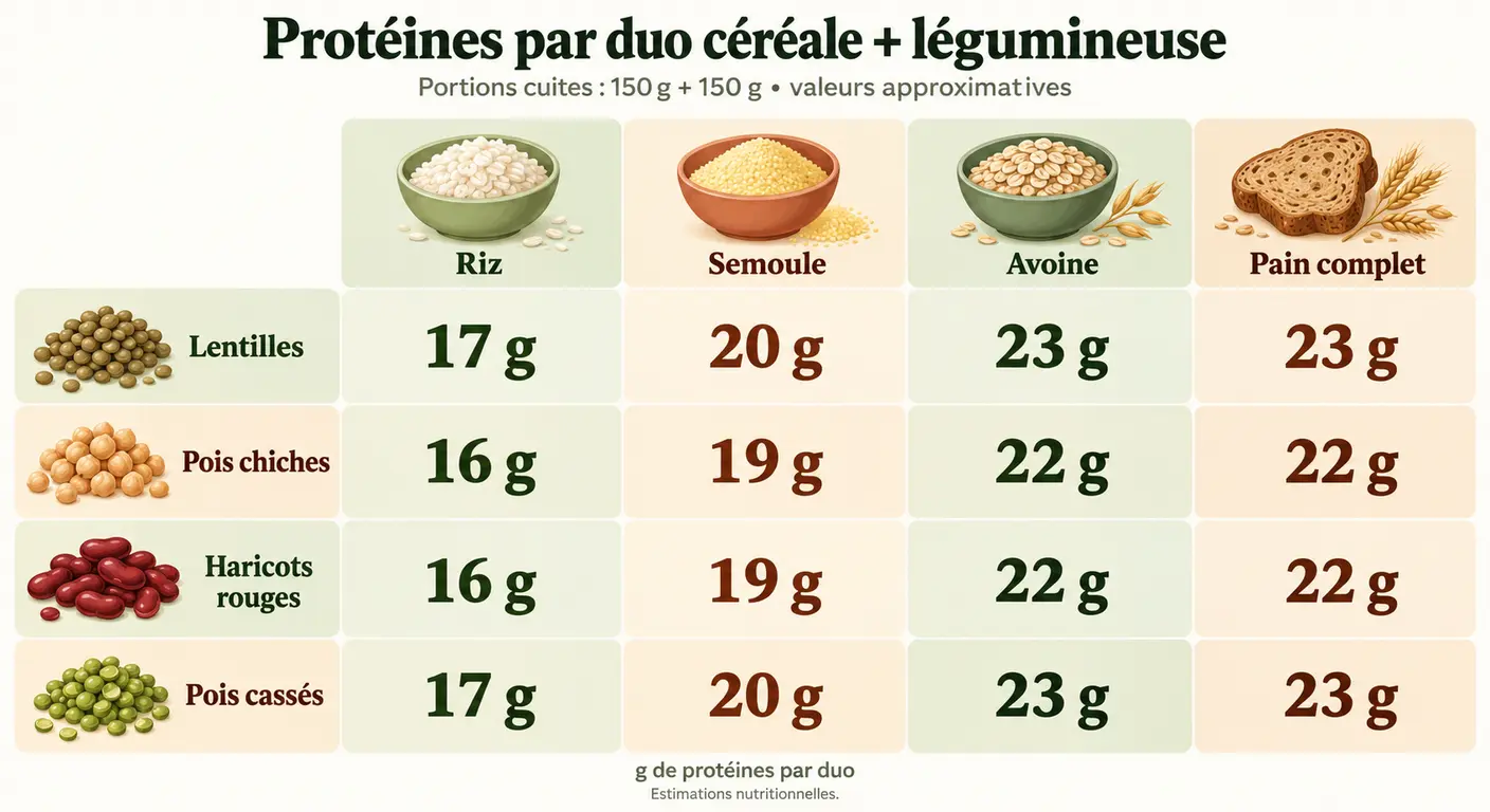 Matrice des associations entre céréales et légumineuses avec apports protidiques par portion