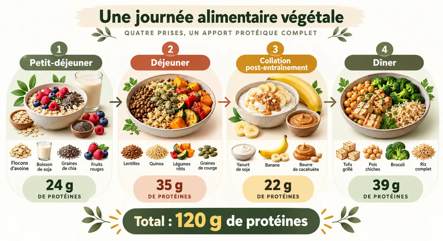 Journée type végétale répartie en quatre prises atteignant 126 grammes de protéines