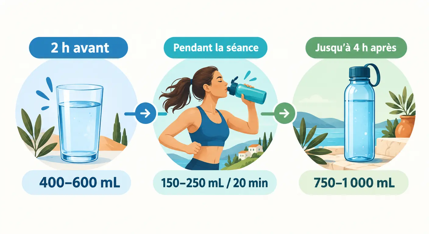 Frise des trois fenêtres d'hydratation : avant, pendant et après la séance