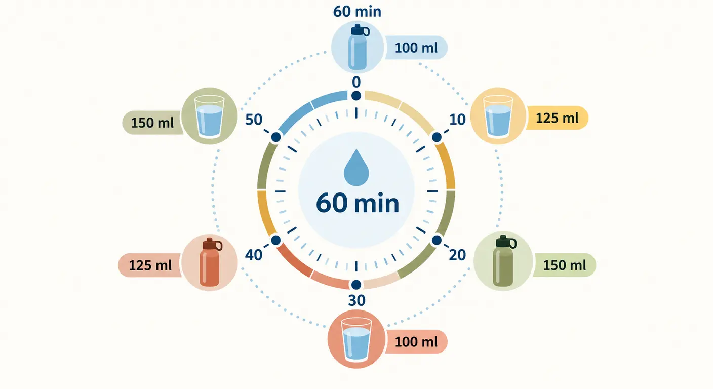 Cadran d'une heure d'effort avec les prises de boisson réparties toutes les dix à quinze minutes