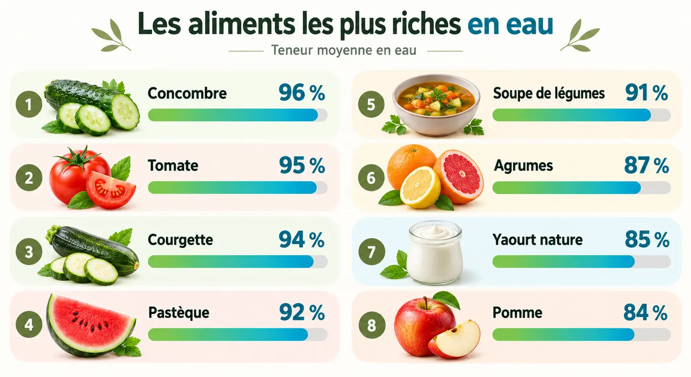Huit aliments classés selon leur teneur en eau