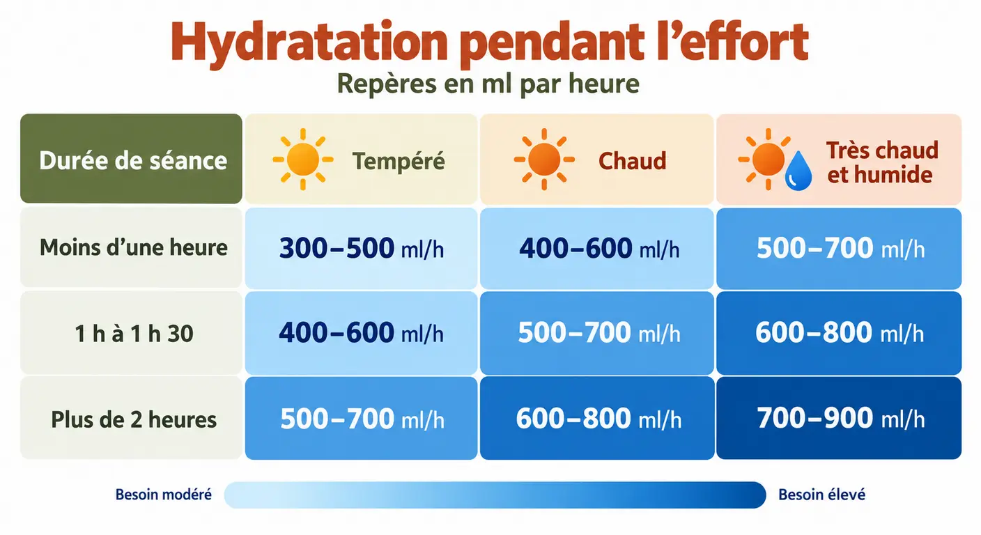 Grille des volumes de boisson par heure selon la durée de la séance et les conditions climatiques