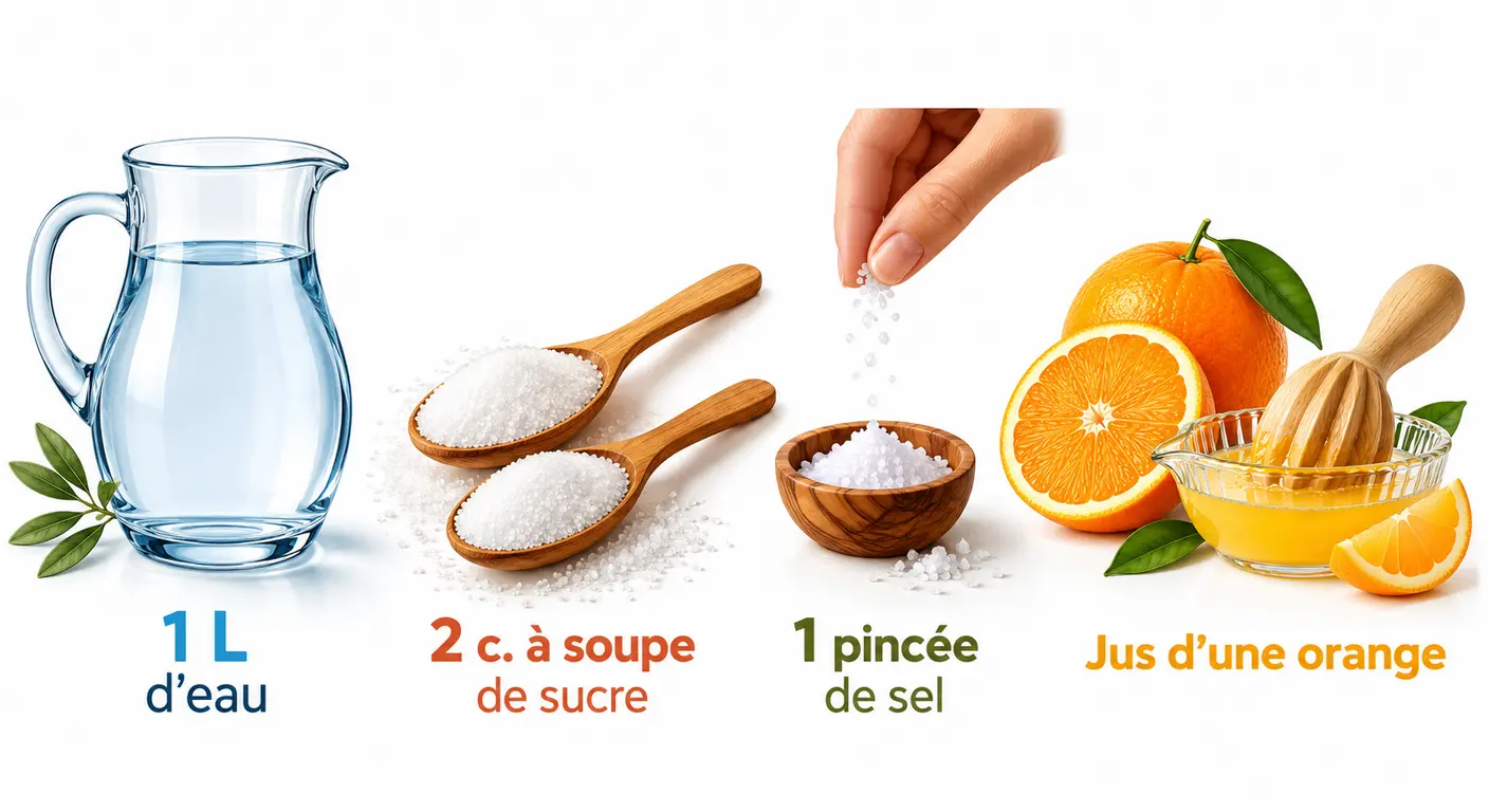 Les quatre ingrédients d'une boisson de l'effort maison avec leurs quantités