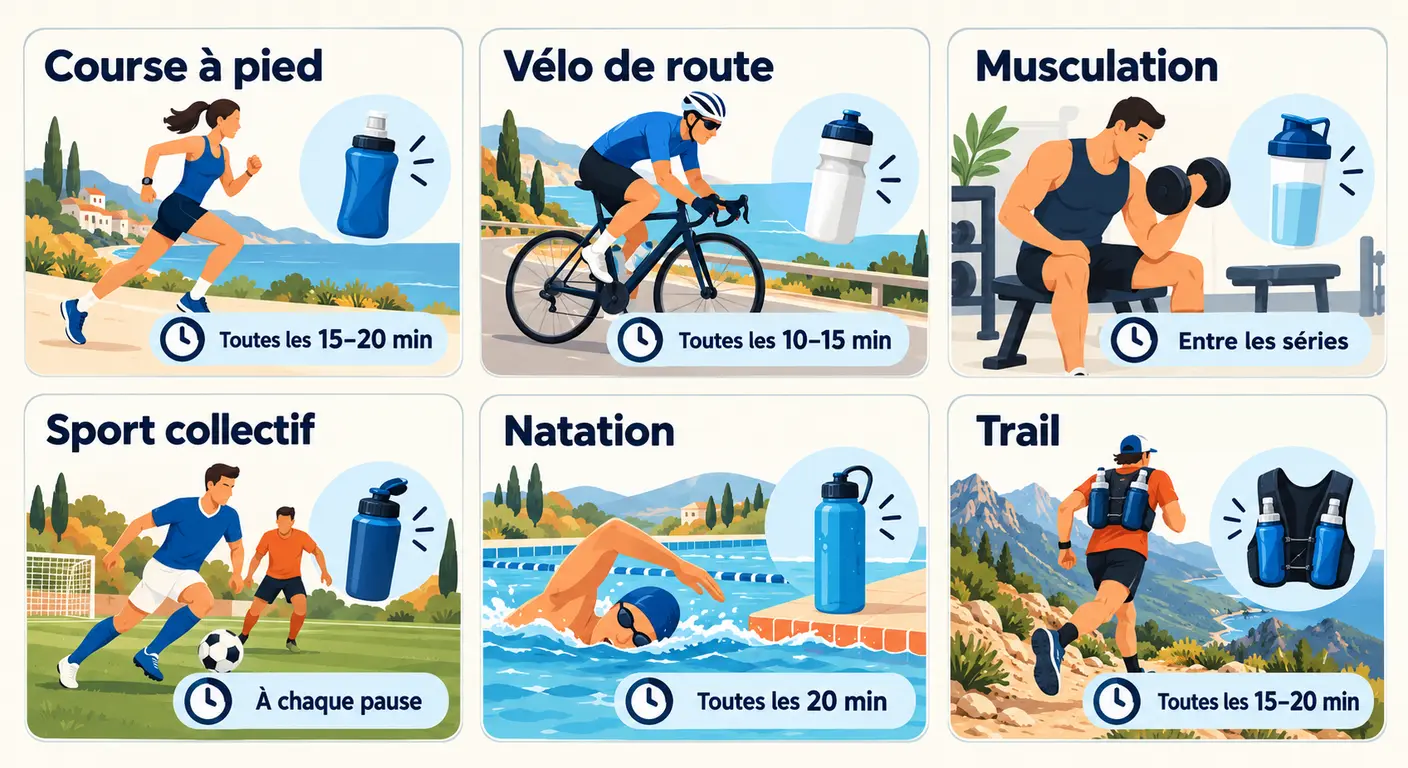 Six disciplines sportives avec leur contenant et leur fréquence de prise de boisson