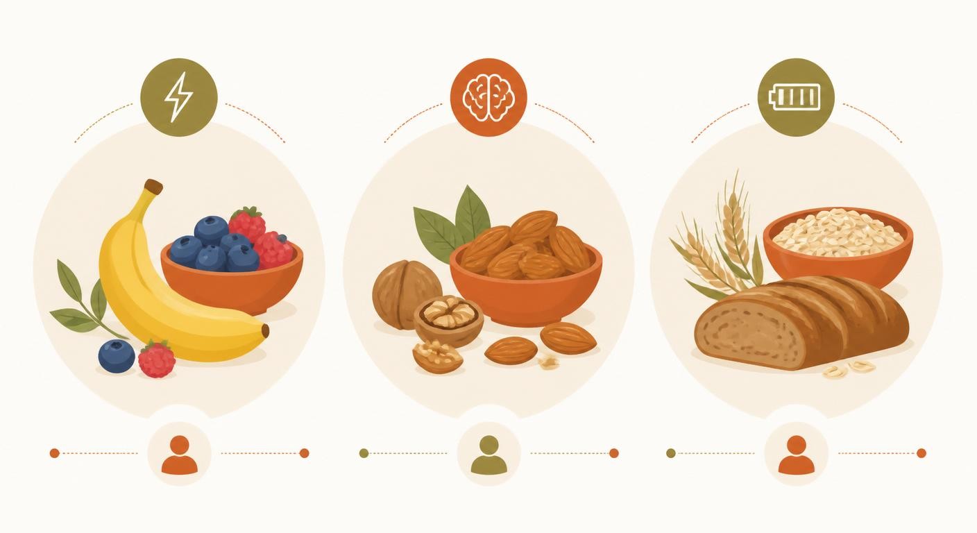 Infographie du trio fruits, oléagineux et céréales complètes pour l'énergie après une nuit blanche