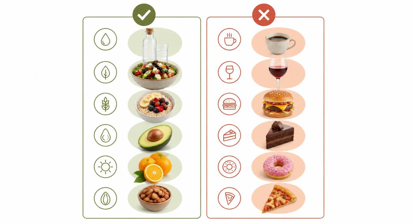 Infographie comparant les aliments à privilégier et à éviter après une nuit blanche