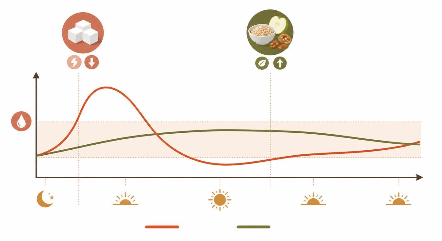 Infographie schématisant le pic puis la chute de glycémie après un sucre rapide comparé à une courbe stable avec des glucides complexes