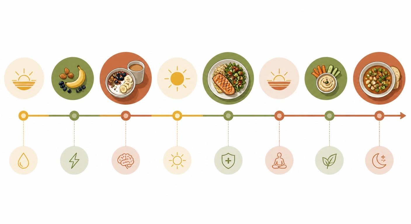 Infographie du menu d'une journée type pour récupérer après une nuit blanche