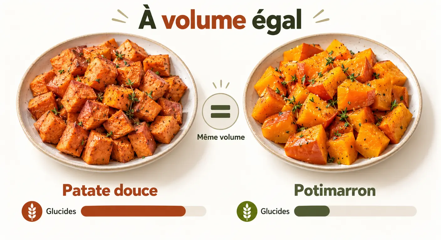 Patate douce et potimarron : volume égal, densité en glucides différente